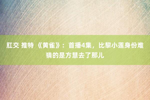 肛交 推特 《黄雀》：首播4集，比黎小莲身份难猜的是方慧去了那儿